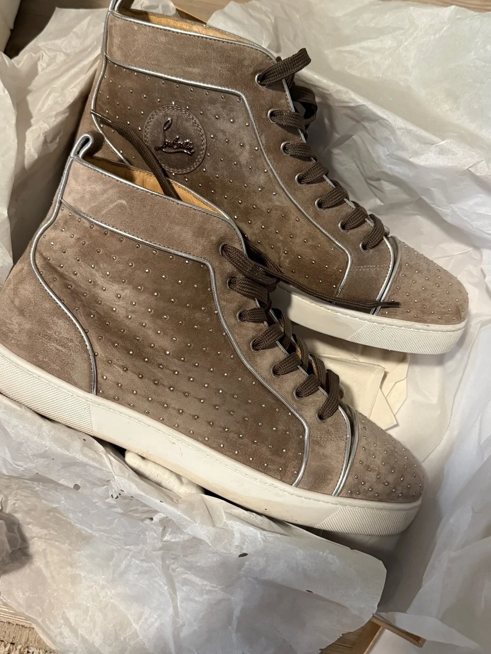 Christian Louboutin Men's Suede High-Top Sneakers in Taupe